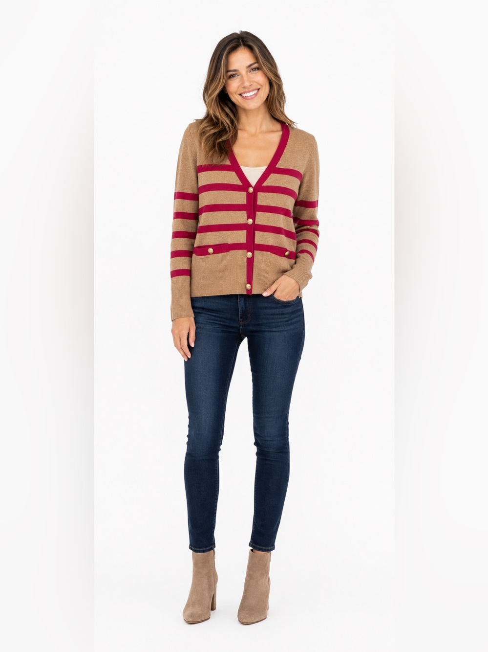 RACHEL & ZOE WOMENS PINK AND TAN STRIPED BUTTON CARDIGAN SIZE LARGE NWT OLI-